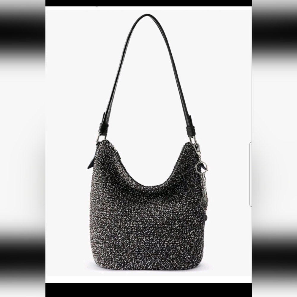 The Sak Black And Gray Sequoia Crochet Hobo Shoulder Everyday Medium Bag